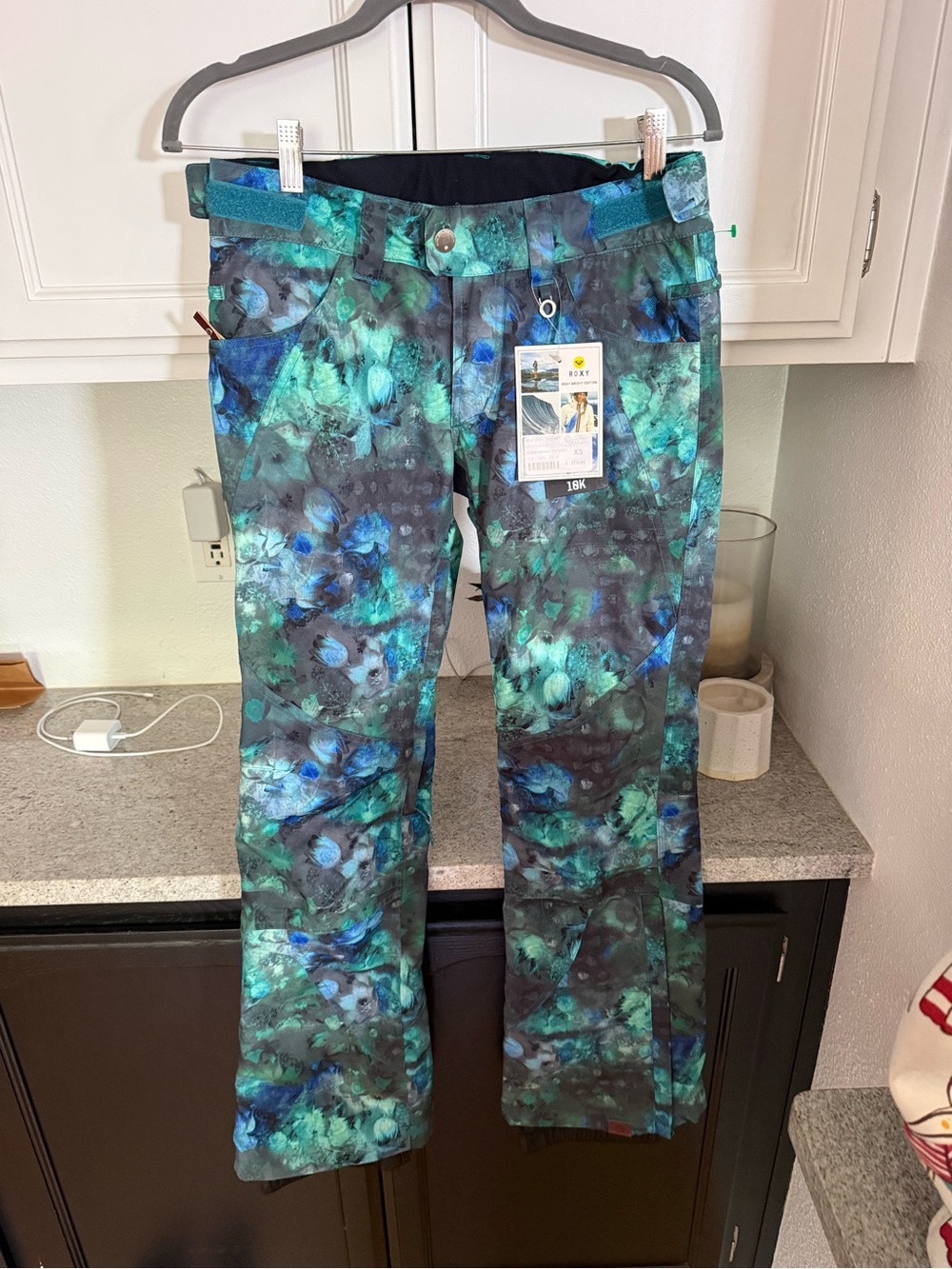 Roxy Teal, Blue & Gray Marble Print Snow Pants